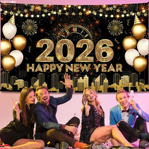 Vista 3 de Katchon, Xtralarge - Cartel de feliz año nuevo – 72 x 44 pulgadas Cartel dorado de feliz año nuevo 2026 para decoraciones de Año Nuevo 2026