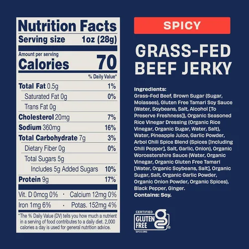 Vista 2 de Fuego Beef Jerky by Country Archer, 100% alimentado con pasto, bajo en carbohidratos, sin gluten, snack keto de 2.5 onzas, paquete de 4