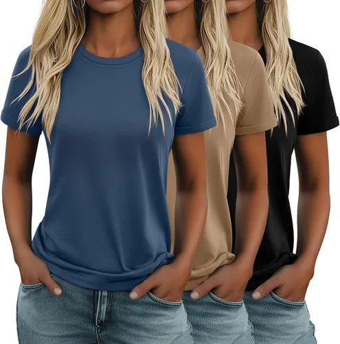 Vista 26 de Huukeay Paquete de 3 camisetas de algodón para mujer, estilo casual, de manga corta, cuello redondo, ajuste holgado, básica, lisa