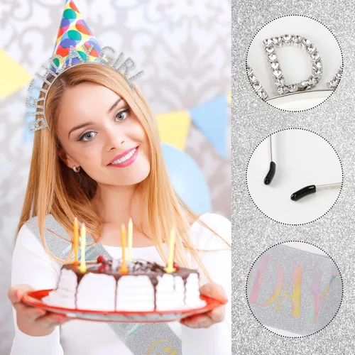 Vista 16 de Coronas de cumpleaños para mujer con banda de feliz cumpleaños para niña, accesorios brillantes de diamantes de imitación, recuerdos de fiesta