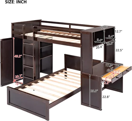 Vista 7 de Cama tipo loft de tamaño individual con armario, marco de cama de madera con plataforma independiente, estantes de almacenamiento y barandilla