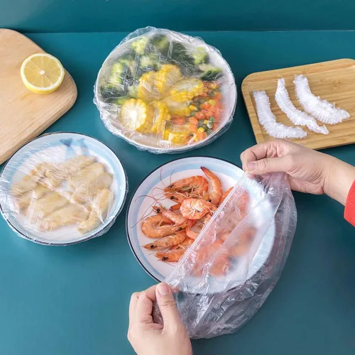 Vista 5 de AKOAK Bolsas desechables para almacenamiento de alimentos (aprox. 200), película adhesiva, reutilizable, tapa elástica de plástico de polietileno