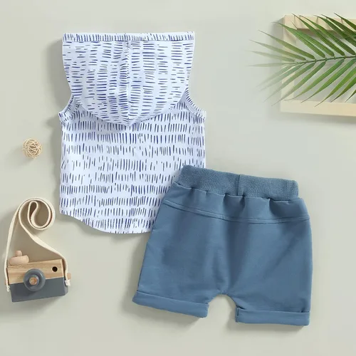 Vista 28 de Conjunto de ropa de verano para bebé niño y niño, diseño a cuadros, manga corta, sudadera con capucha y pantalones cortos casuales