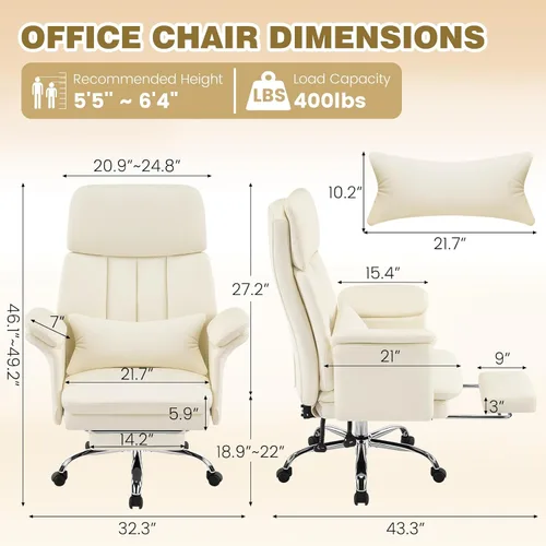 Vista 2 de Silla de oficina en casa con reposapiés, 400 libras, silla de escritorio con respaldo alto con soporte lumbar, reposabrazos suaves, sillas de Beige