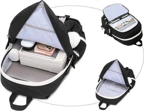 Vista 5 de Spotted Tiger Mochila estética para niñas adolescentes y niñas, bonita mochila escolar, mochila escolar de anime para niñas, Negro, L, Estética