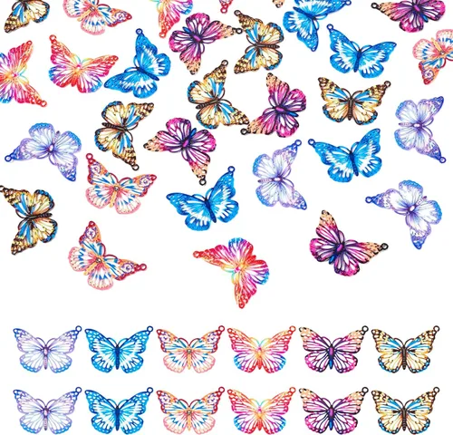 Vista 26 de FASHEWELRY 50 piezas de conectores de filigrana de mariposa de acero inoxidable, adornos de metal grabados con arco iris para fabricación de joyas