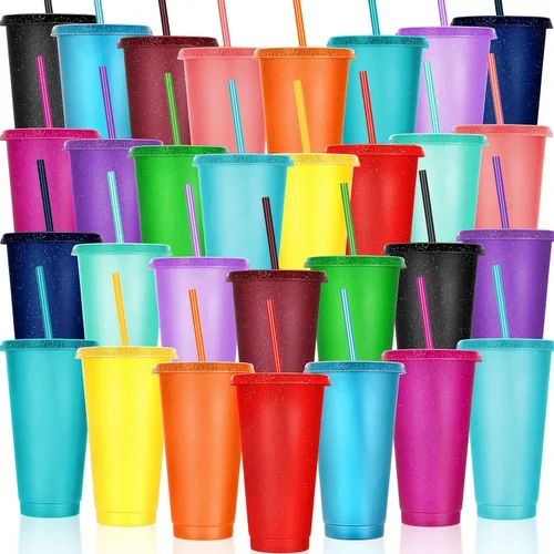 Vista 34 de Honeydak Paquete de 60 vasos con popote y tapa, vasos a granel para regalos, tazas de café de plástico con purpurina de 24 a 27 onzas, botella