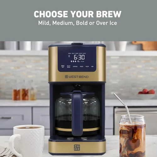 Vista 2 de West Bend Cafetera programable atemporal de 12 tazas con selector de fuerza de preparación para café caliente y helado, incluye opción