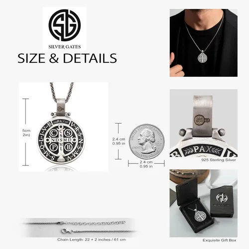 Vista 6 de bysilvergates Religious Collection - Men's 925 Sterling Silver Pendants St Christopher, St Michael, St Benedict - Timeless Faith-Inspired Necklaces