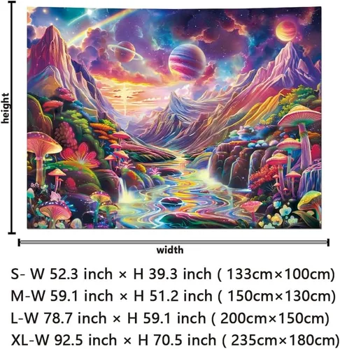Vista 6 de Lahasbja Blacklight Galaxy Planet Tapiz UV Reactive Hongo Colgante de Pared Fantasía Estrellas Estrelladas Paisaje Montaña Paisaje Luz Negra Póster