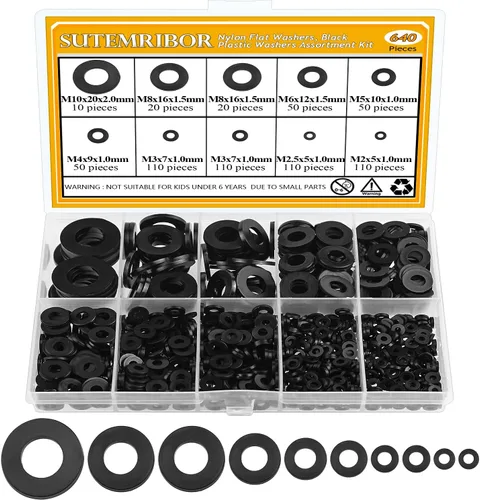 Vista 8 de Juego de 640 Piezas de Arandelas Planas de Nylon Negras, M2-M10, Arandelas Métricas y Planas de Nylon