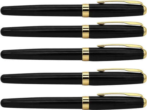 Vista 2 de Gullor 5 bolígrafos estilográficos BE388 con borde dorado, punta media, color negro