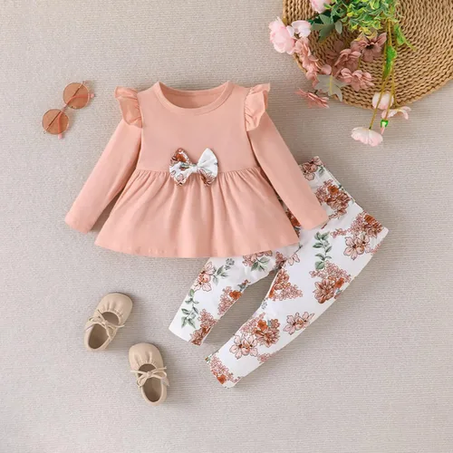 Vista 3 de Conjunto de pantalones florales de manga larga para bebés y niñas pequeñas para otoño e invierno