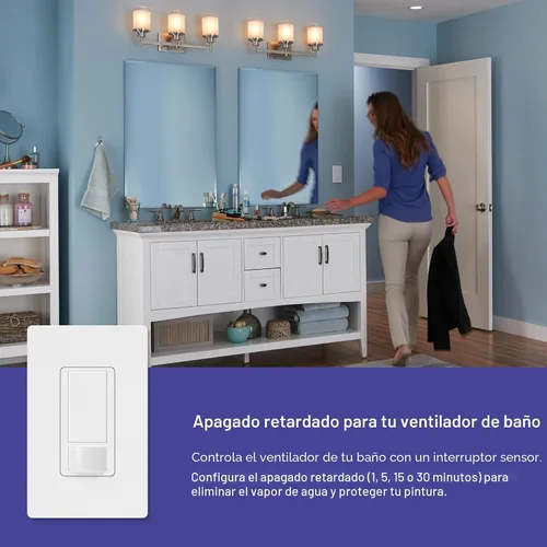 Vista 8 de Lutron Maestro Interruptor de luz con sensor de movimiento para interiores para baño, garaje, lavandería, cualquier bombilla, sensor de ocupación