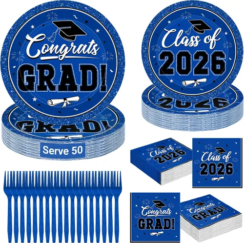 Vista 18 de QZYL 200 suministros para fiesta de graduación 2026, platos y servilletas de graduación negros y dorados, platos de postre desechables y tenedores