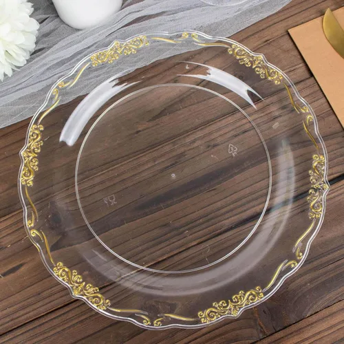 Vista 21 de Efavormart - Paquete de 10 platos desechables de 7 pulgadas transparentes con borde vintage burdeos, elegantes platos de postre de plástico