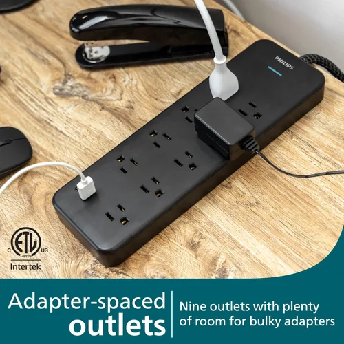 Vista 2 de Philips Protector de sobretensiones de 9 salidas con carga USB, cable de extensión trenzado de 6 pies, 1USB-A, 1USB-C, 2400J, espaciado