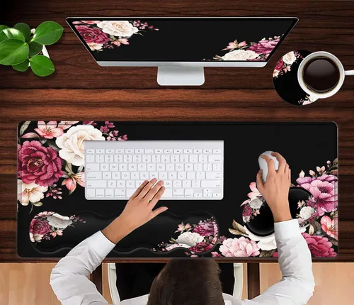 Vista 2 de Alfombrilla de mouse negra, juego de alfombrillas de mouse para teclado, alfombrilla de mouse extendida para juegos + soporte para reposamuñecas