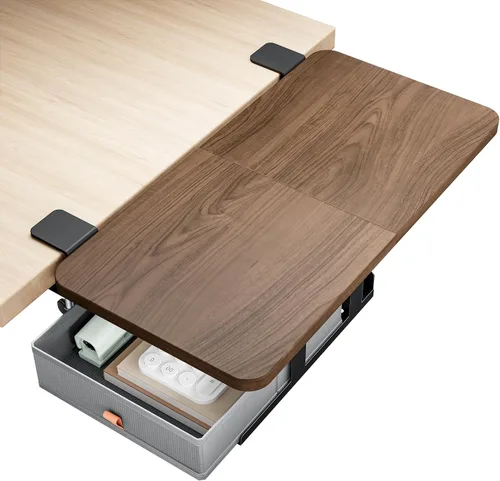 Vista 9 de PEGZONE Bandeja extensora de escritorio, estante de escritorio con abrazadera de 24 x 12 pulgadas, extensión de escritorio con cajón