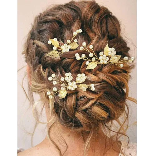 Vista 7 de Juego de 3 horquillas para el pelo de boda con forma de U y hojas doradas, accesorios para la cabeza para novias, mujeres, niñas, fiestas, juego de 3