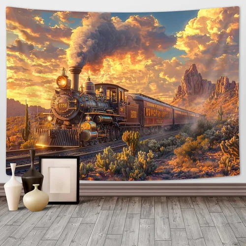 Vista 11 de Tapiz de Tren de Vapor, Tapices de Paisaje Otoñal de Tren de Motor Antiguo Decoración para Niños, Tapices de Arte de Acuarela de Bosque de Montaña