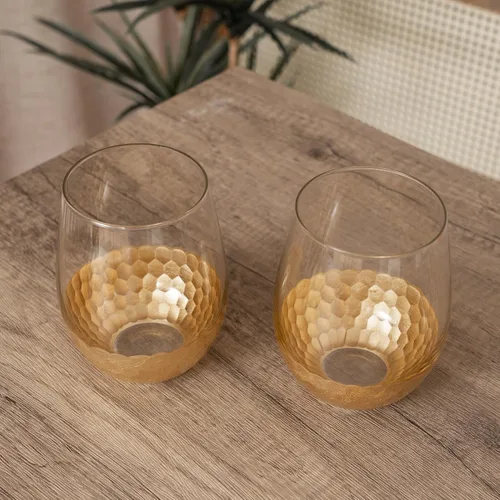 Vista 3 de Copas de vino sin tallo, juego de 2, 18 onzas, diseño de panal dorado