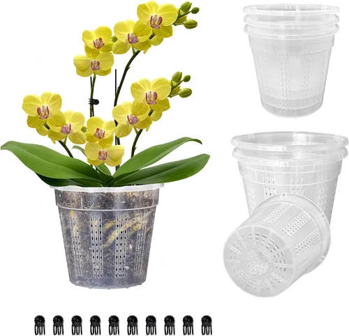 Vista 15 de Maceta de orquídeas con platillos, 4 de cada una de 4.3" y 5.5" macetas de orquídeas con agujeros, 8 piezas de macetas de plástico transparente