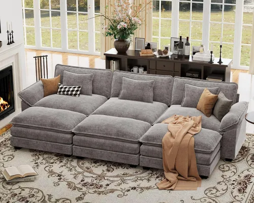 Vista 48 de Sofá modular de gran tamaño de 154 pulgadas, cómodo sofá en forma de U con 3 otomanas móviles, sofá moderno de felpilla de 7 plazas para sala