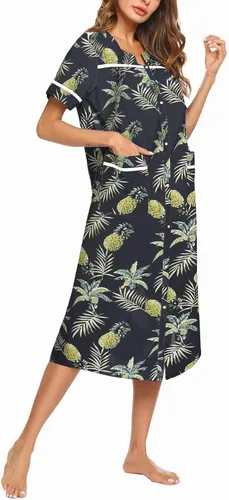 Vista 2 de Ekouaer Camisón de manga corta de algodón con bolsillos para mujer