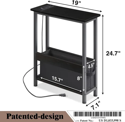 Vista 3 de BAMGROW Mesa auxiliar de carga delgada con almacenamiento, para espacios pequeños y dormitorio (negro)