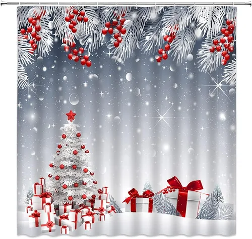 Vista 4 de Cortina de ducha de Feliz Navidad, bola de Navidad roja, camión retro, hojas de pino blanco, bayas, caja de regalo de Navidad, vacaciones, feliz año