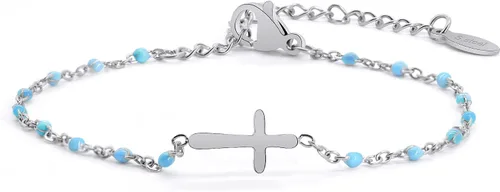 Vista 18 de Pulsera de Cuentas con Cruz Chapada en Oro de 14K para Mujeres, Pulsera de Acero Inoxidable Ajustable con Cruz de Fe Religiosa, Pulsera de Cadena