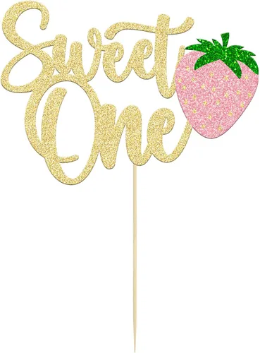 Vista 3 de Gyufise 1 pieza de fresa Sweet One Cake Topper Glitter First Birthday Strawberry Cake Pick para el tema de fruta dulce, baby shower, fiesta
