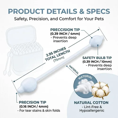 Vista 2 de Pet Cotton Swabs 55 Count, Double-Ended for Cat & Dog Ear Cleaning