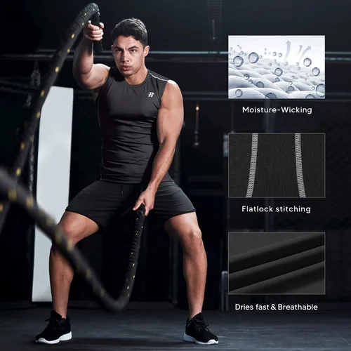 Vista 6 de Runhit Paquete de 3 camisetas de compresión sin mangas para hombres, entrenamiento deportivo, sin mangas, camiseta de compresión para hombres