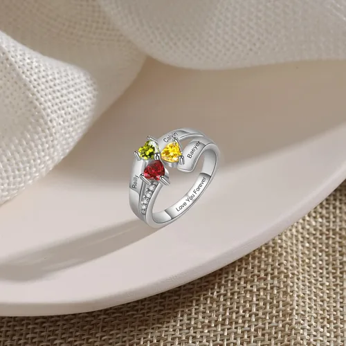 Vista 2 de Jeweidea Anillo de plata de ley personalizado con 3 piedras natales de imitación de corazón para mujer, mamá, abuela