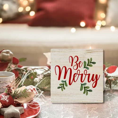 Vista 3 de Decoración de mesa de madera de Navidad de 5 pulgadas – Be Merry – Cartel de bloque de madera rústica regalo para Navidad, decoración de mostrador