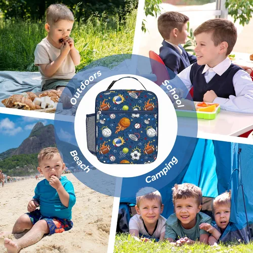Vista 7 de Clastyle Bolsa de almuerzo deportiva con aislamiento de grafiti para niños, bolsa térmica grande para niños, color azul, picnic, escuela, lonchera