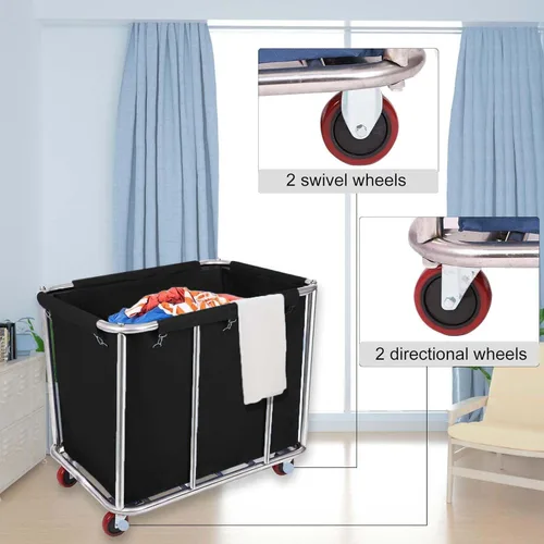 Vista 3 de Cesta de lavandería con ruedas de 105 galones, carrito comercial de gran capacidad para ropa resistente de 400 litros con marco de acero inoxidable