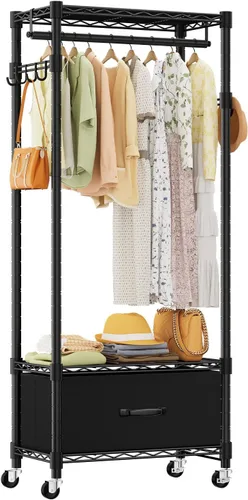 Vista 9 de VyGrow Perchero de Ropa, Perchero de Ropa para Colgar Ropa, Sistema Organizador de Armario Ajustable de 4 Niveles con Cajón Varillas Dobles