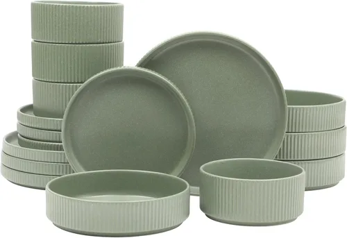 Vista 18 de Gibson Elite Peach Orchard - Juego de vajilla de porcelana de hueso de 12 piezas para 4, platos y cuencos estriados en relieve, apto