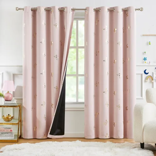 Vista 12 de Jubilantex - Cortinas opacas con diseño de mariposa dorada, 80 % rosa bebé Cortinas opacas 80% rosa lavanda/rosa bebé, estampado de mariposa