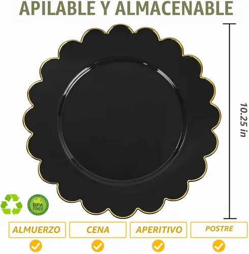 Vista 2 de SUT 72 platos negros, platos de plástico negro con borde dorado, platos desechables resistentes, platos llanos de plástico de 10.25 pulgadas, platos