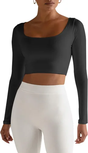 Vista 4 de Camiseta básica de manga larga con cuello cuadrado para mujer, con doble forro