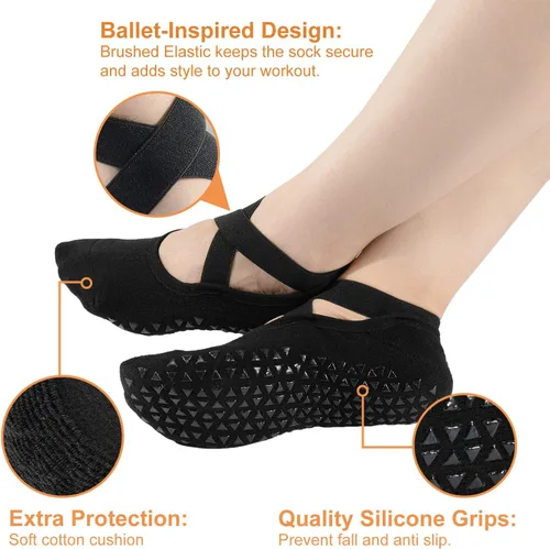Vista 2 de Pauboland Paquete de 6 calcetines acolchados negros para mujer, antideslizantes, piyo barre, pilates, ballet, yoga, con agarres, talla 4-9