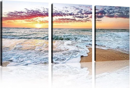 Vista 39 de TutuBeer 3 paneles de fotos de playa, arte de pared, diseño de mar azul, playa blanca al amanecer, imágenes impresas en lienzo, imágenes del océano