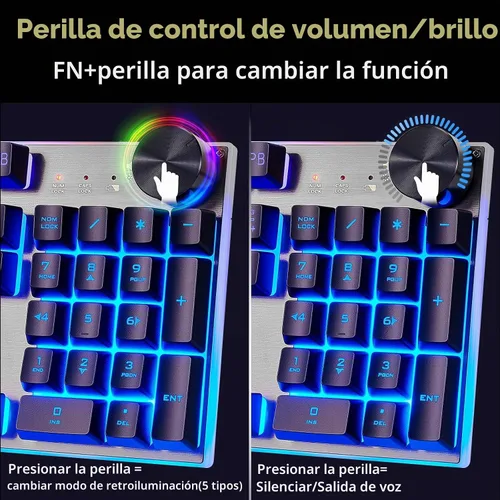 Vista 5 de Teclado y mouse inalámbricos para juegos con perilla y combo de mouse USB dongle 2.4G recargable con batería de 3000mAh, panel de acero inoxidable