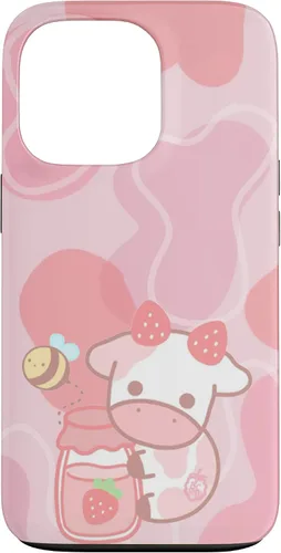 Vista 10 de Funda Kawaii para iPhone 12, diseño de vaca fresa, color rosa