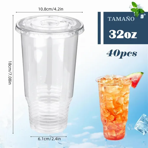 Vista 2 de Vasos de plástico transparente de 32 onzas con tapas, 40 unidades desechables Vasos de plástico transparente con tapas para bebidas frías