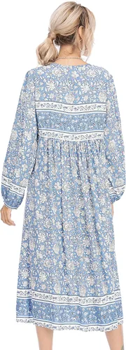 Vista 2 de R.Vivimos - Vestidos por debajo de la rodilla de estilo bohemio para mujer, vestido de manga larga, con estampado floral retro y cuello en V